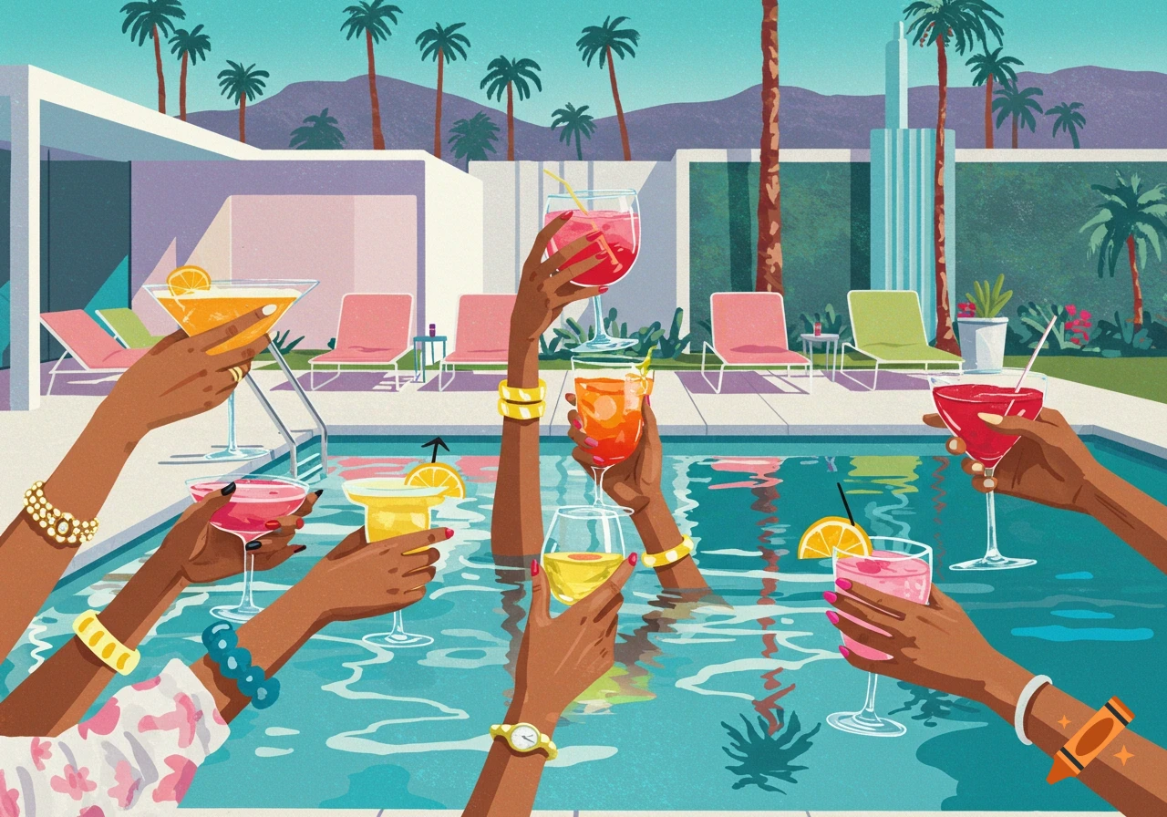 Multiple hands holding colorful cocktails by a pool with palm trees and modernist architecture in a retro illustration style.