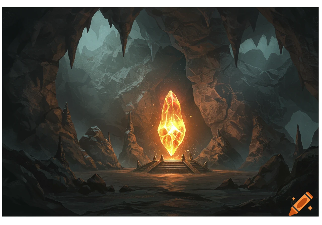 A glowing orange crystal on an altar inside a dark cave.