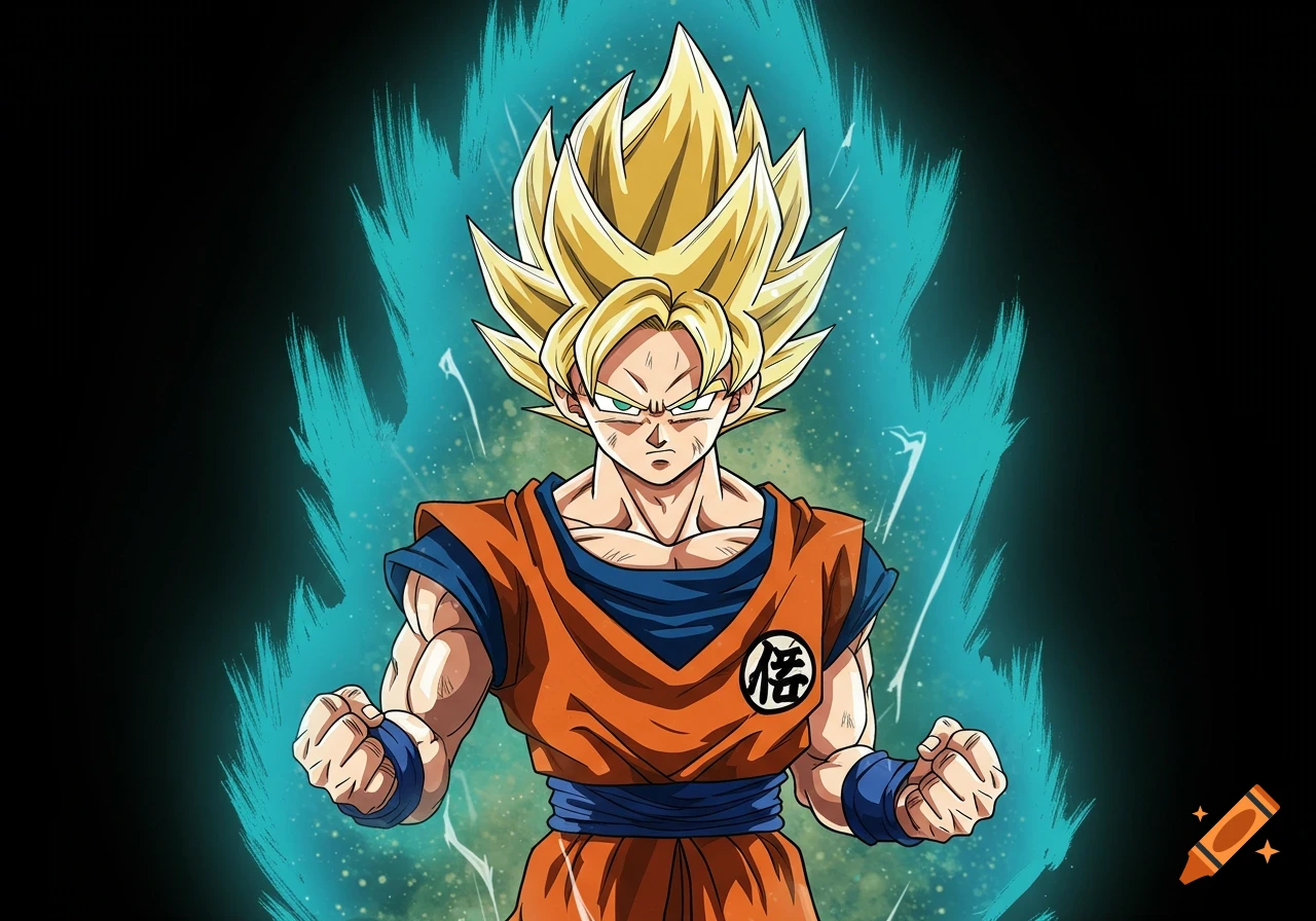 Goku in Super Saiyan form with blue energy aura.