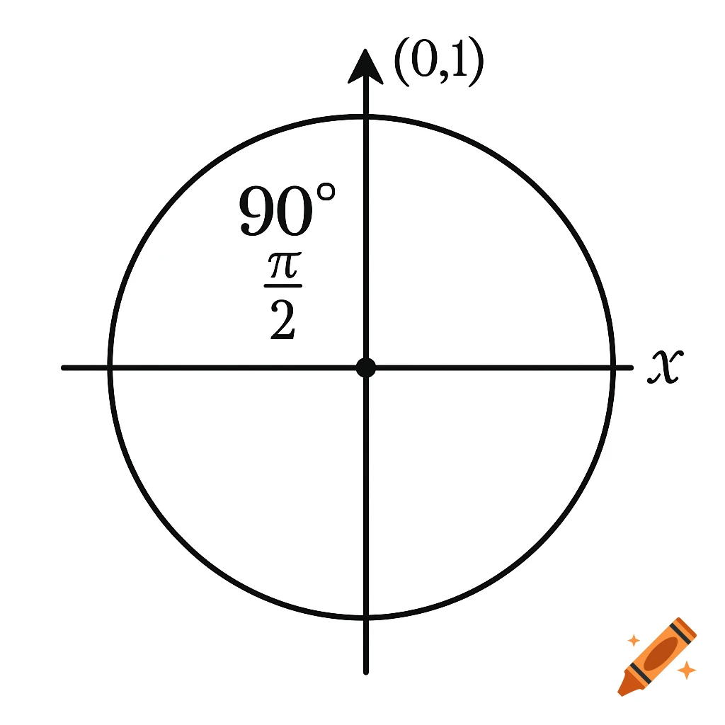 Diagram of a unit circle showing the point (0,1) at the top, with the angle labeled as 90 degrees and pi/2 radians.