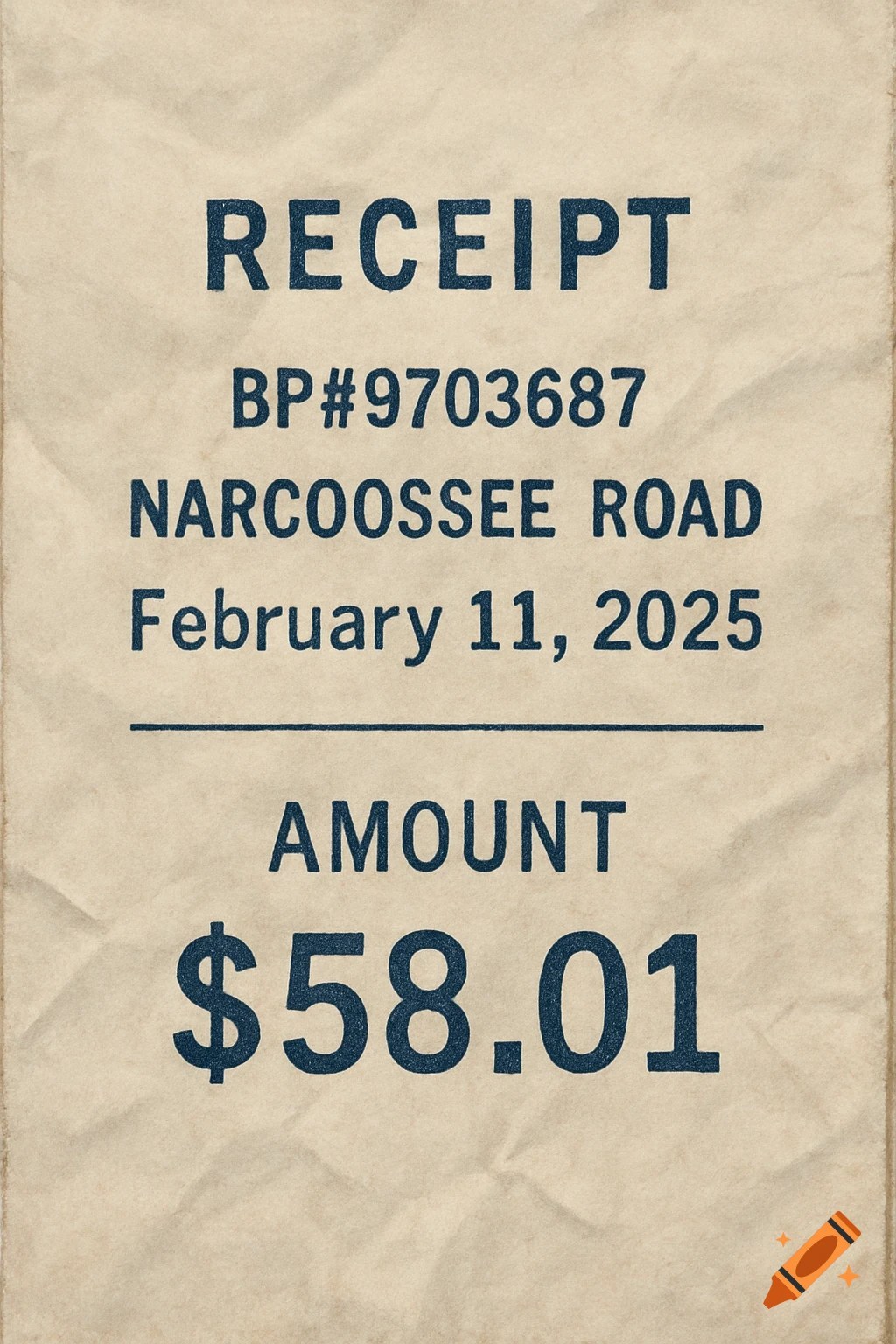 A crumpled receipt with text including RECEIPT, BP#9703687, NARCOSSEE ROAD, February 11, 2025, and AMOUNT $58.01.