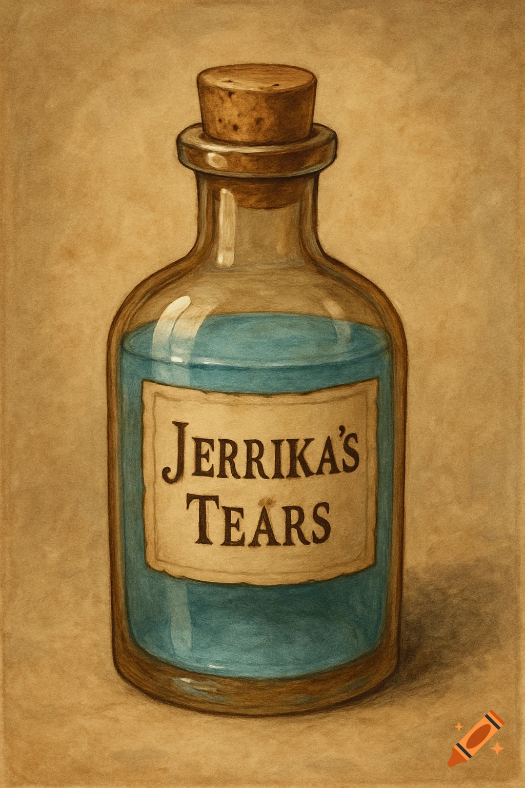 Illustration of a bottle with blue liquid and a label reading Jerrika's Tears