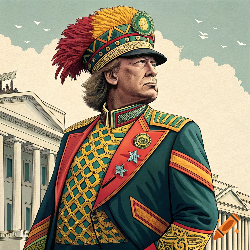 Illustration of Donald Trump wearing a colorful, ornate military uniform with a large feathered hat, standing in front of a classical building.