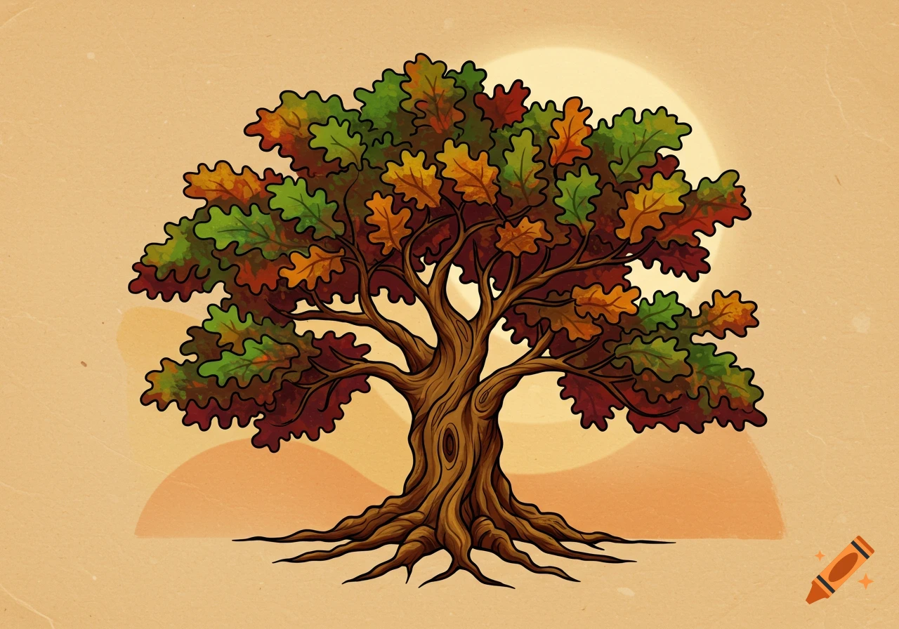 Illustration of an American traditional style tree with colorful autumn leaves.