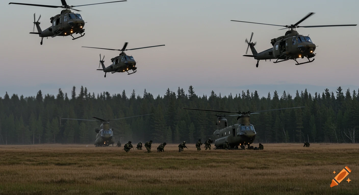 Military helicopters fly over and land in a field with soldiers.