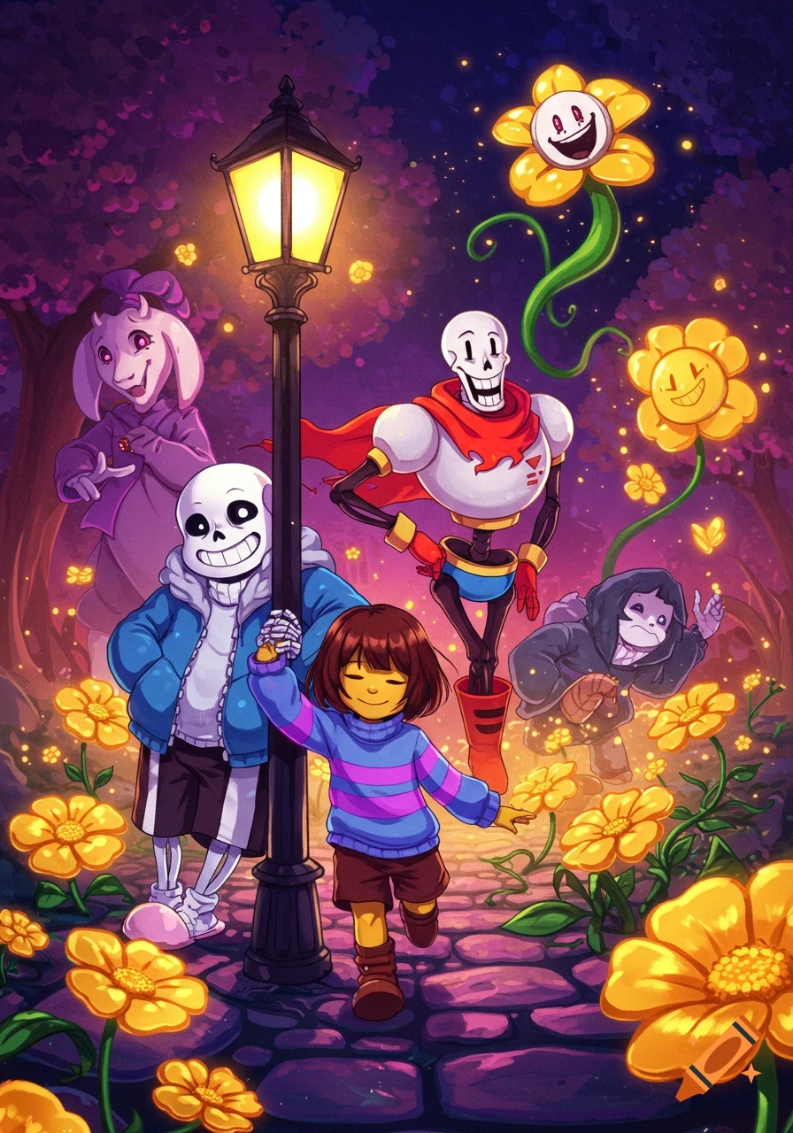 Frisk, Sans, Papyrus, and other Undertale characters stand by a lamppost surrounded by golden flowers. Stylized art.