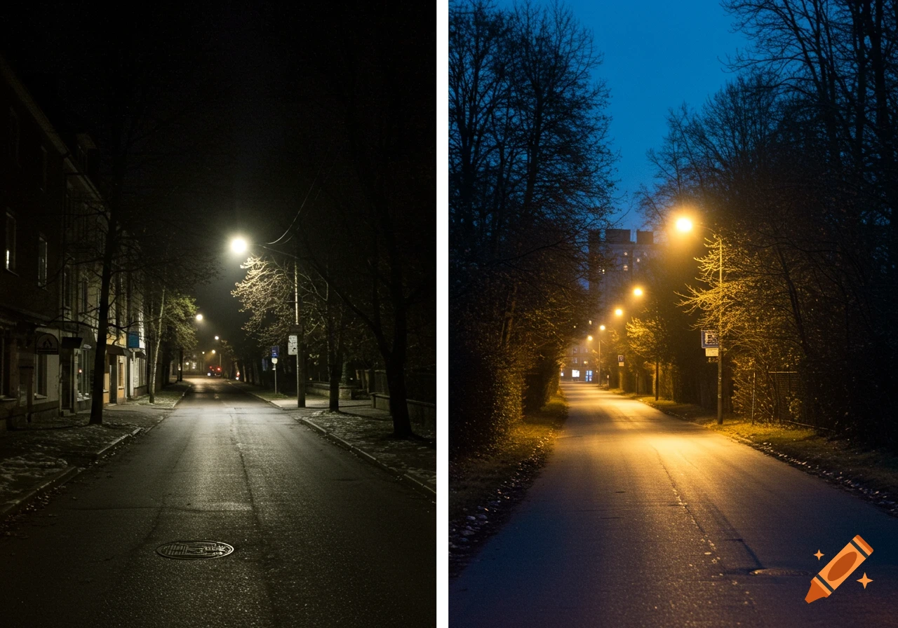Split image of a street at night, left side dark, right side lit by streetlights.