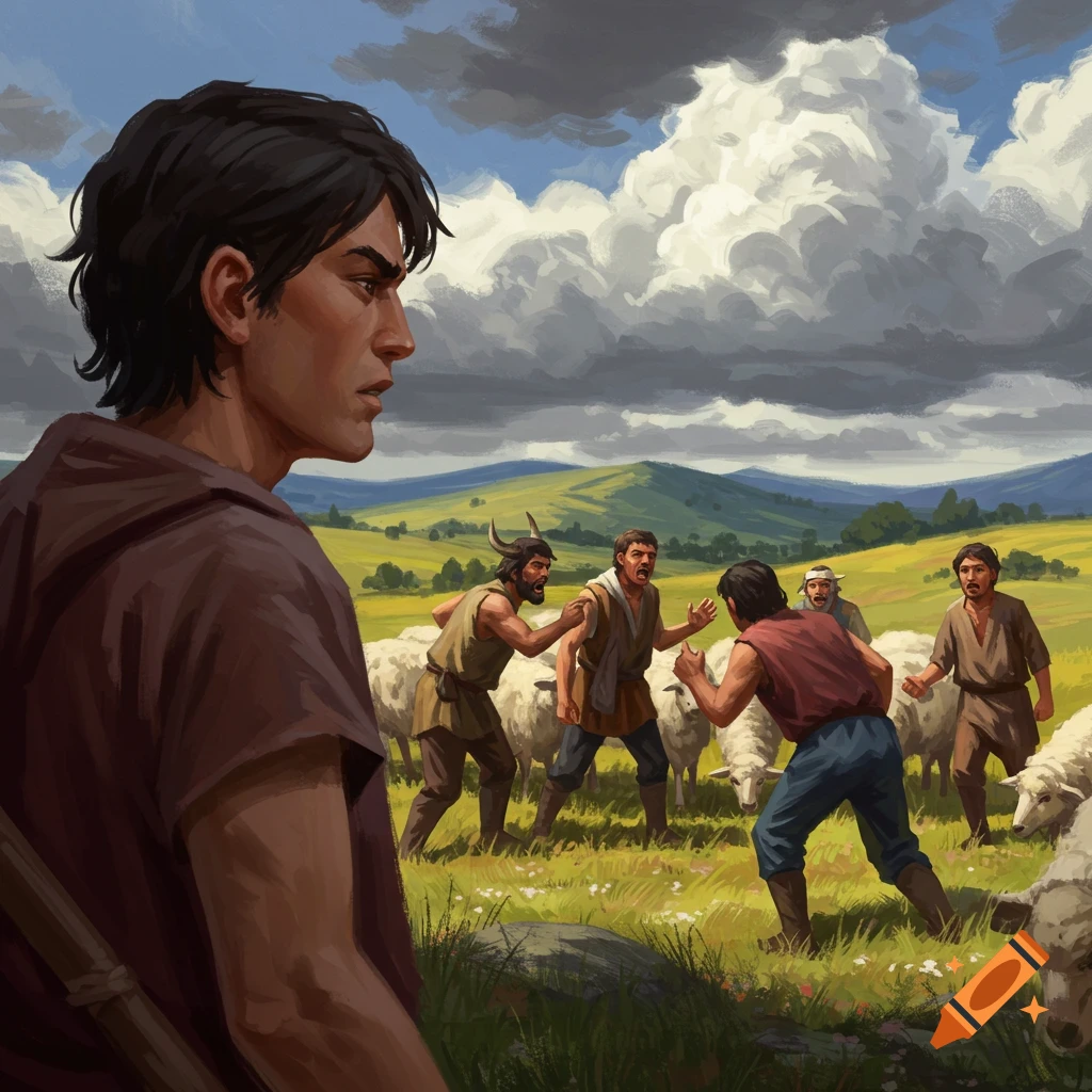Painterly illustration of a man watching herdsmen arguing with sheep in a field.