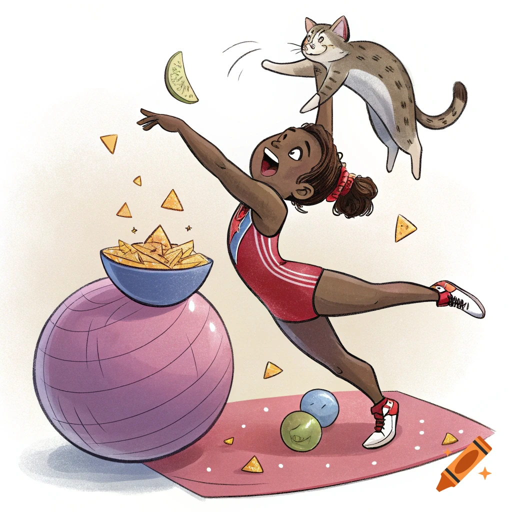 A cartoon illustration of a girl doing gymnastics, holding a cat, with chips flying around.