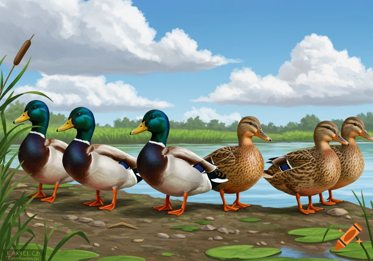 Digital painting of mallard ducks standing in a row by a lake.