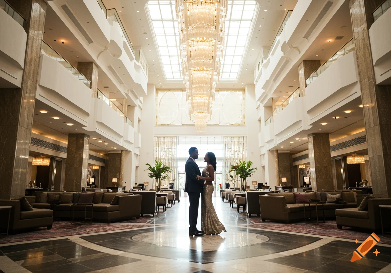 Couple standing under a grand chandelier in a luxurious hotel lobby