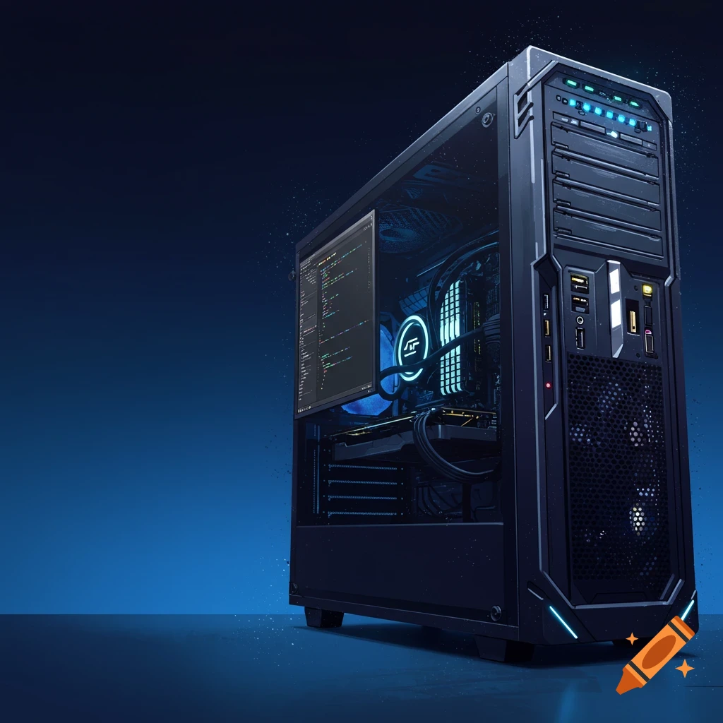 A detailed view of a computer tower case with internal components visible and illuminated against a dark blue background.
