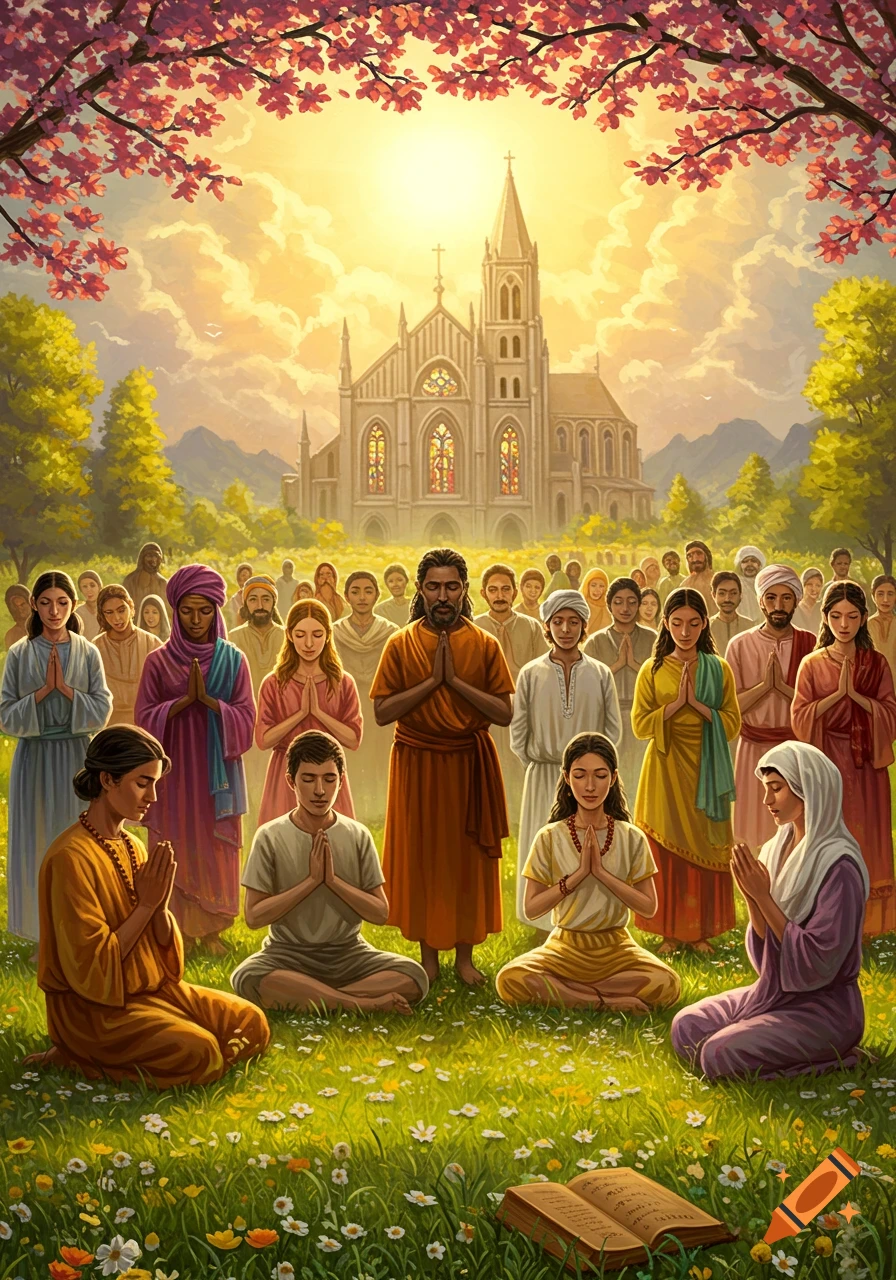 A diverse group of people praying outdoors in a field with a church behind them, sun setting.