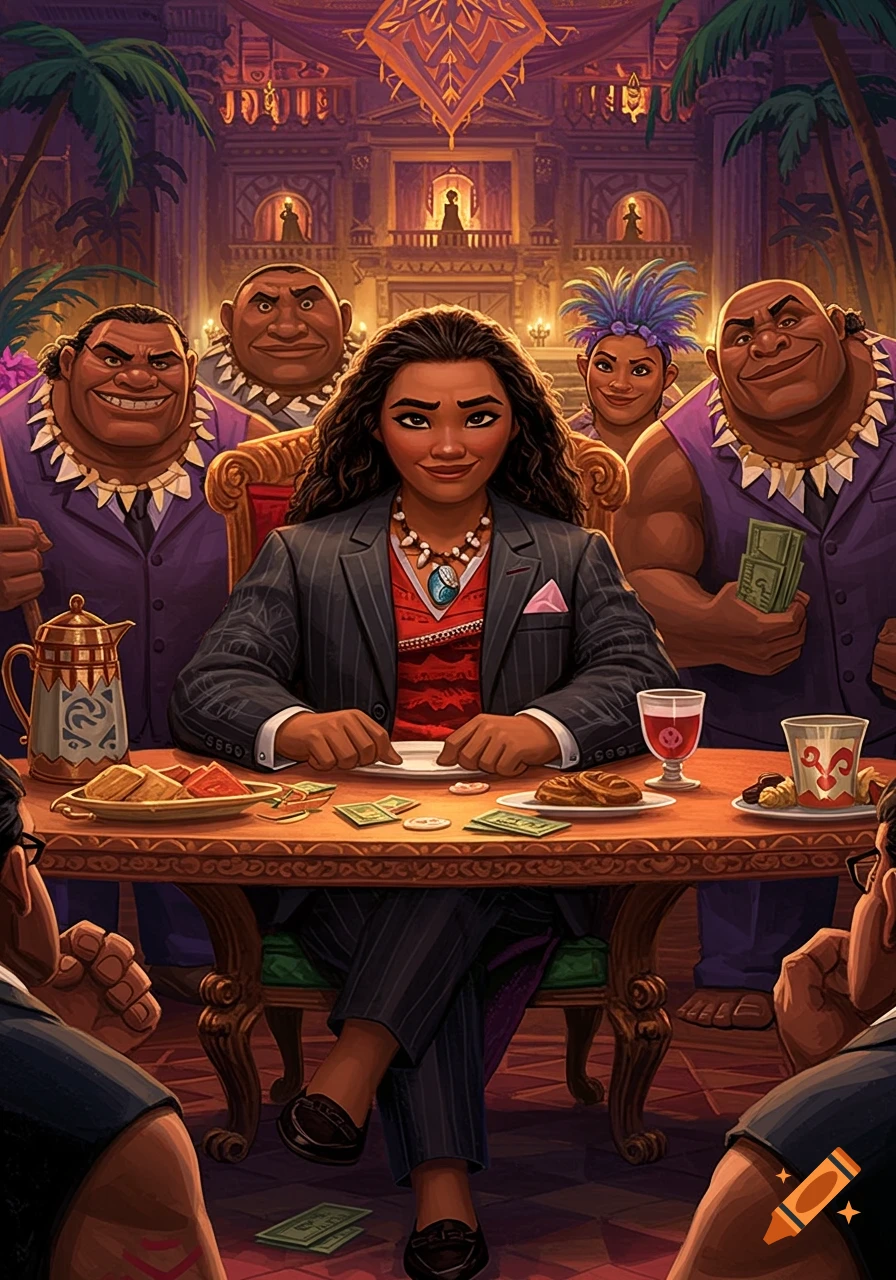 Moana as a mafia boss sits at a table with other characters, money, and drinks in an illustration.