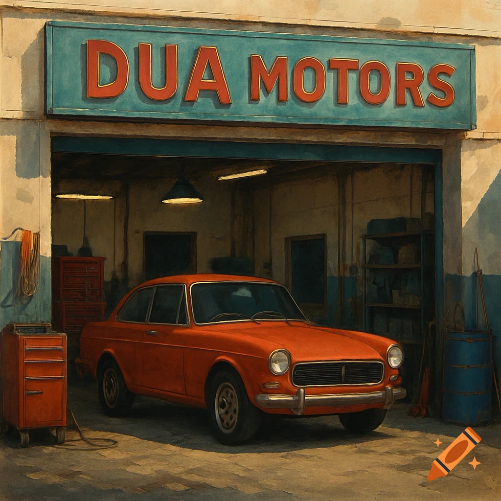 An orange classic car is parked inside a garage with a 'DUA MOTORS' sign above, in a painting style.