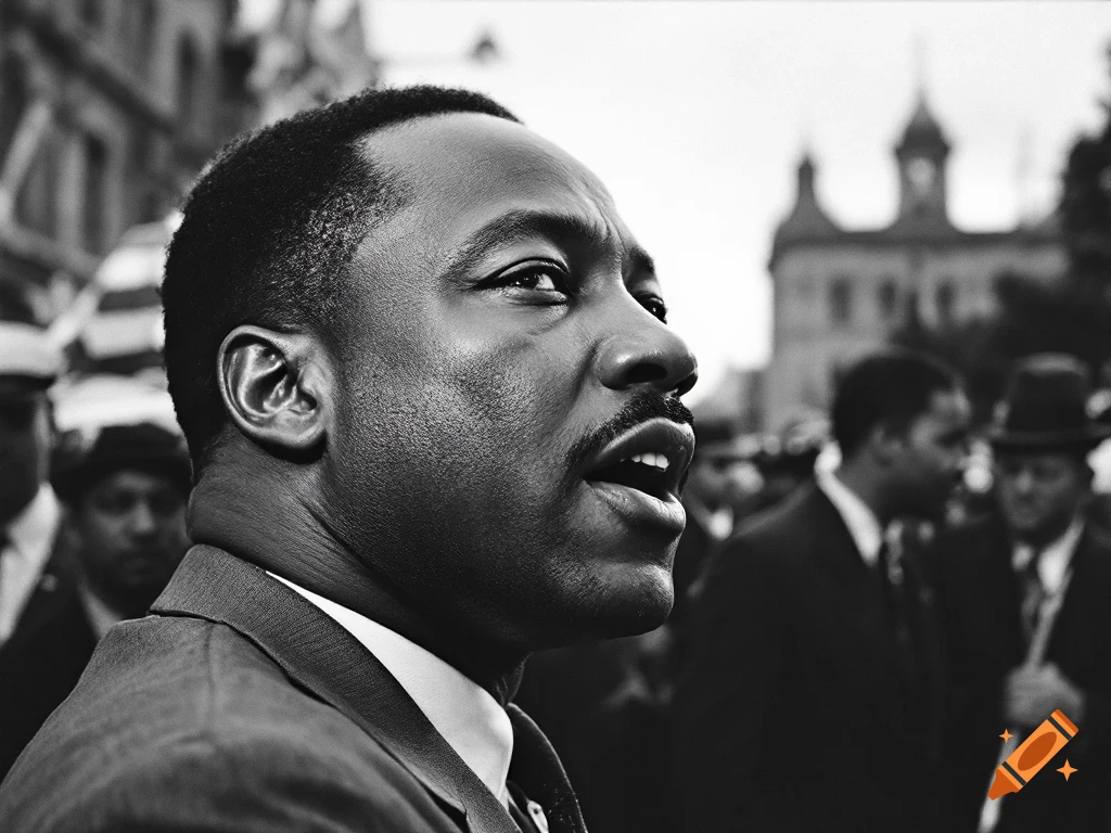 Black and white profile close-up of a man speaking in a crowd, resembling Martin Luther King Jr.