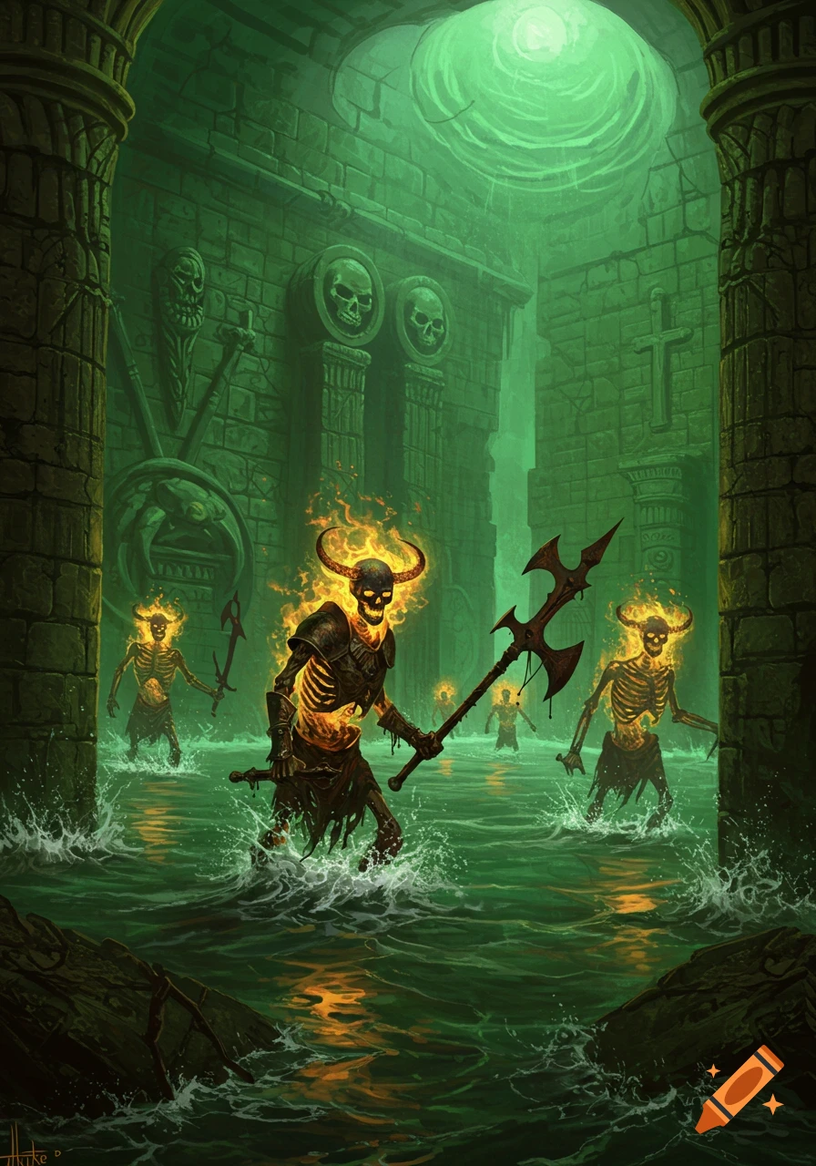 Fiery skeleton warriors wade through water in a green-lit flooded dungeon, in a dark fantasy style.