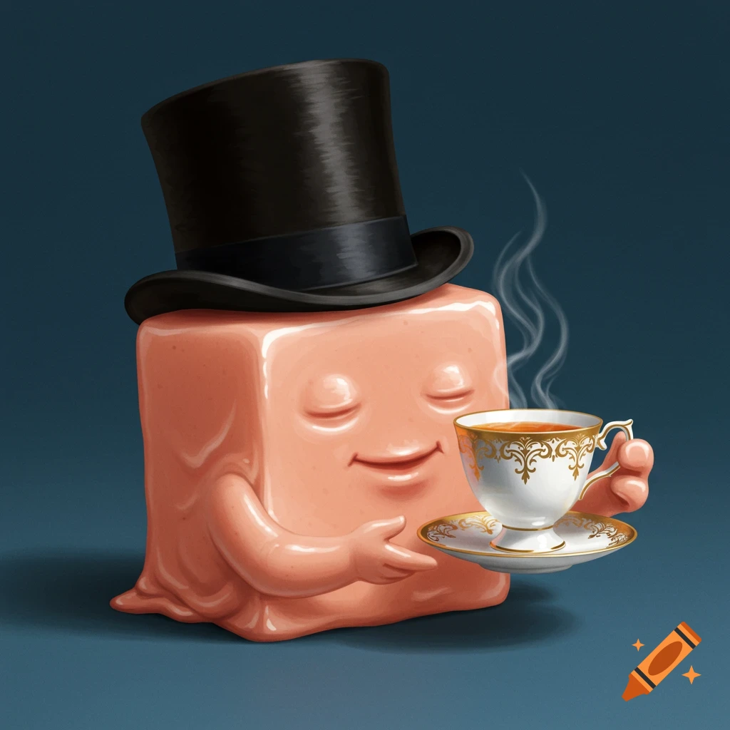 Stylized illustration of a pink anthropomorphic cube wearing a top hat and holding a teacup.