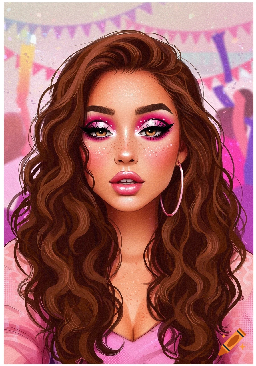 Stylized illustration of a woman with prominent pink eye makeup and long brown hair at a party.