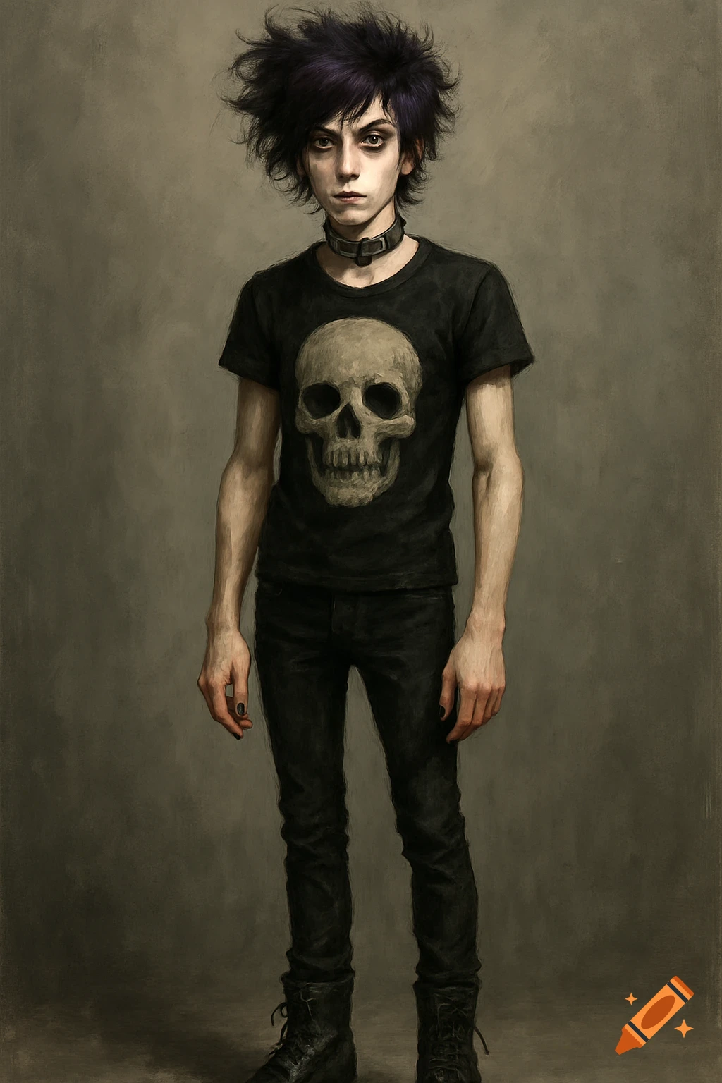 A young person with spiky dark hair, heavy eyeliner, a skull t-shirt, black jeans, and combat boots stands against a grey background.