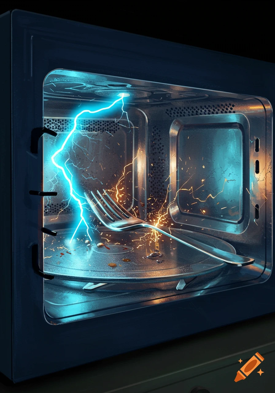 A metal fork inside a microwave oven with blue lightning and orange sparks.