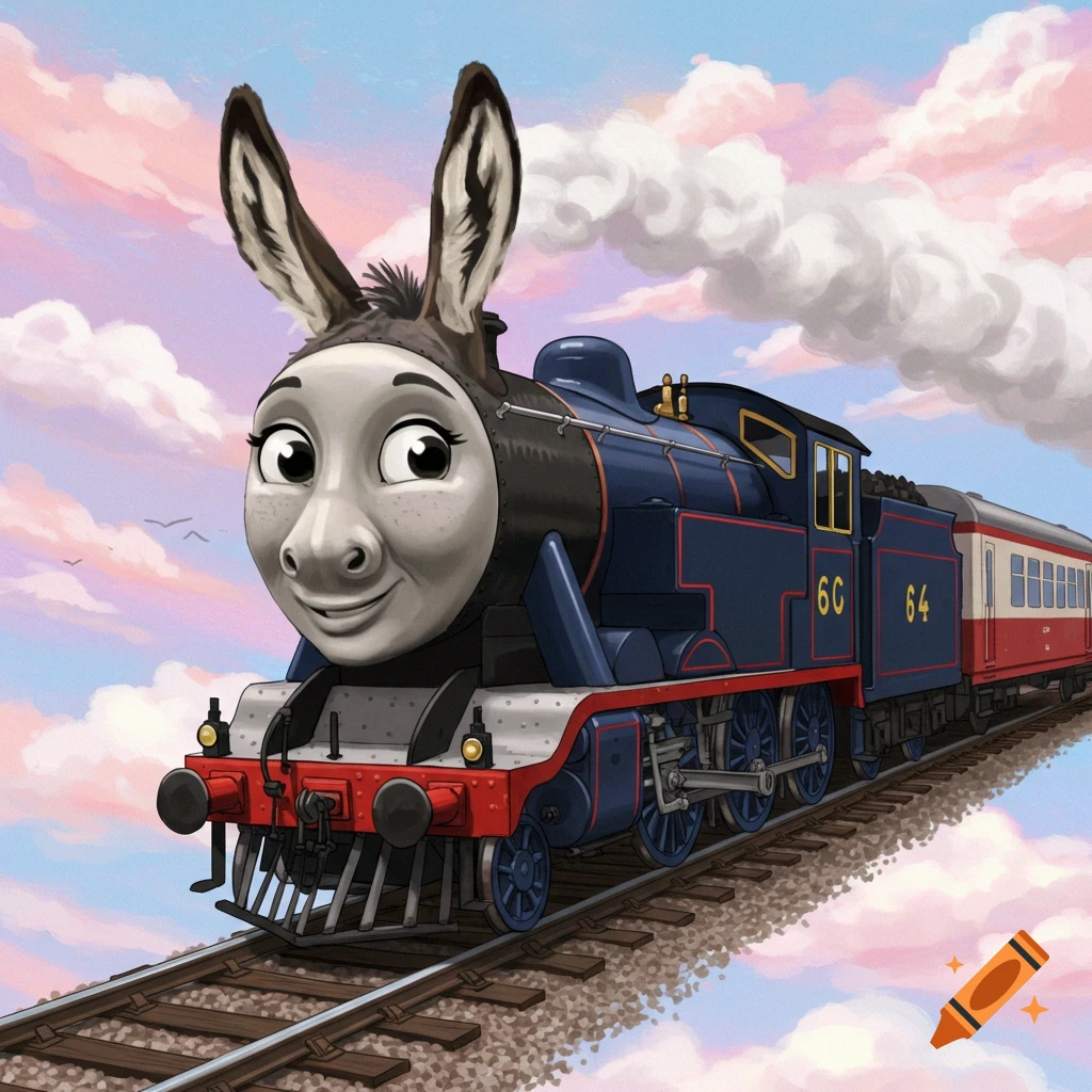 A blue and red train with a human-like face and long donkey ears travels on tracks.
