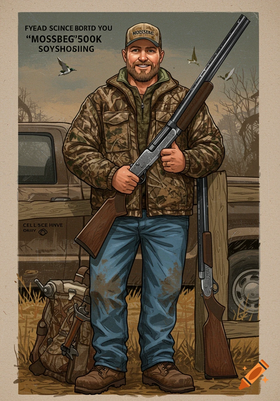An illustration of a man in camouflage clothing holding a shotgun, standing next to a truck in an outdoor setting.
