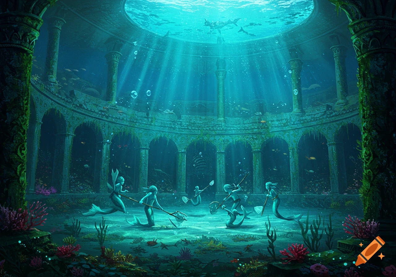 Fantasy art of merfolk training with nets in a ruined underwater amphitheater bathed in sunlight.
