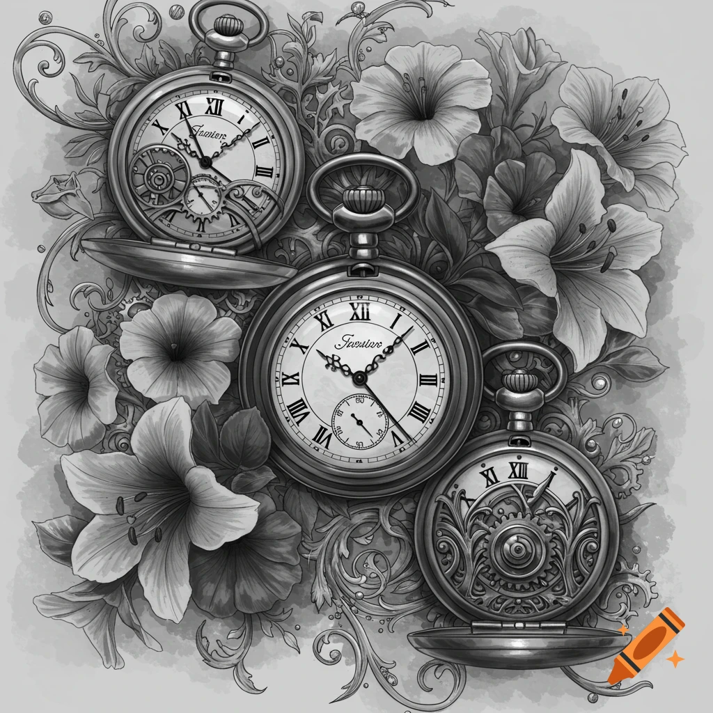 Grayscale illustration of steampunk pocket watches surrounded by flowers
