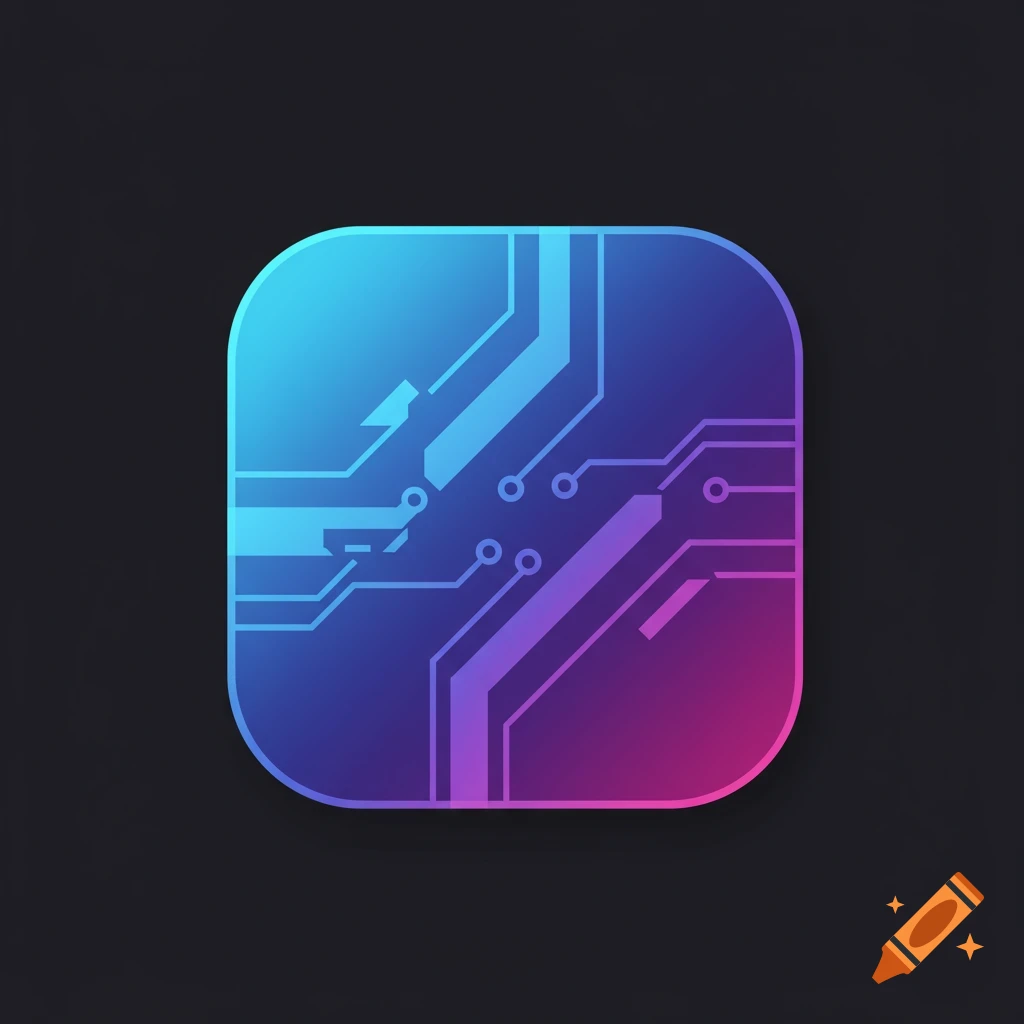 A blue and purple gradient icon featuring a circuit board pattern.