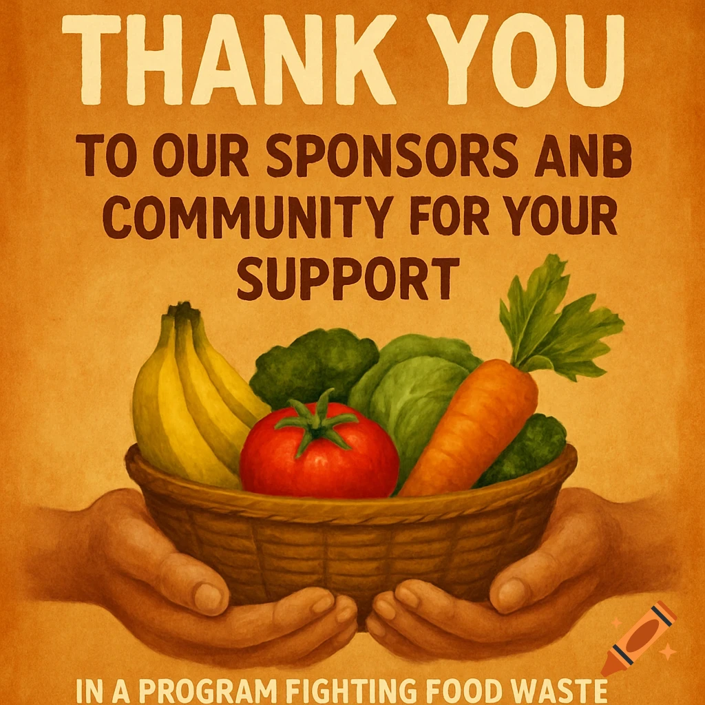 Hands hold a basket of vegetables and bananas with text thanking sponsors and community.
