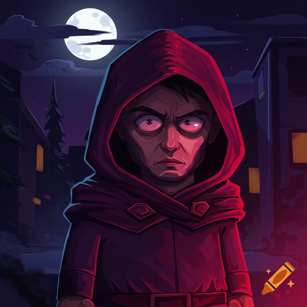 Cartoon character resembling Mysterion in a red cloak at night under a full moon.