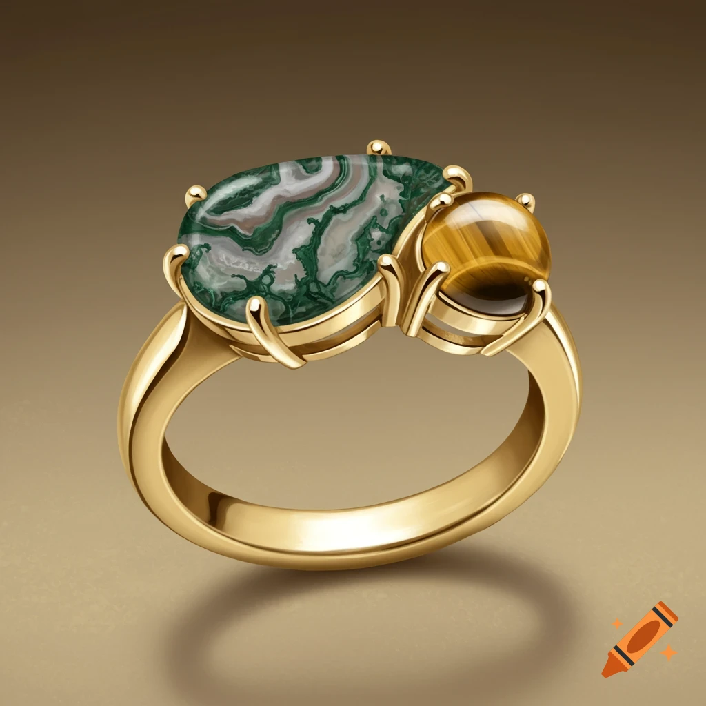 A gold ring with a moss agate and a tiger's eye stone.