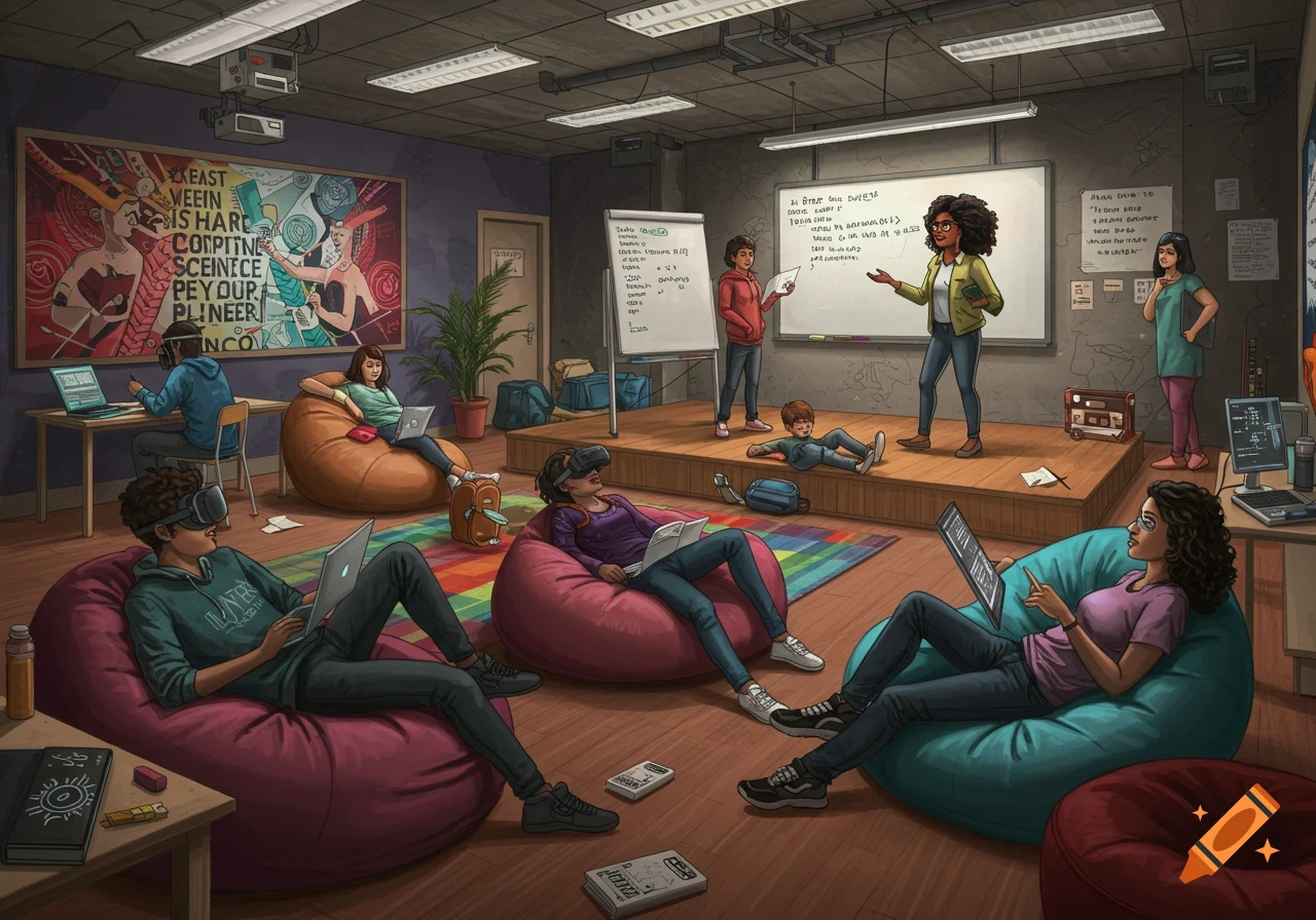 Illustration of an unorthodox computer science classroom with students using laptops and VR headsets.