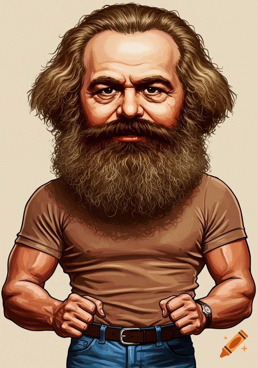 Caricature of Karl Marx with a muscular body, wearing a t-shirt and jeans.