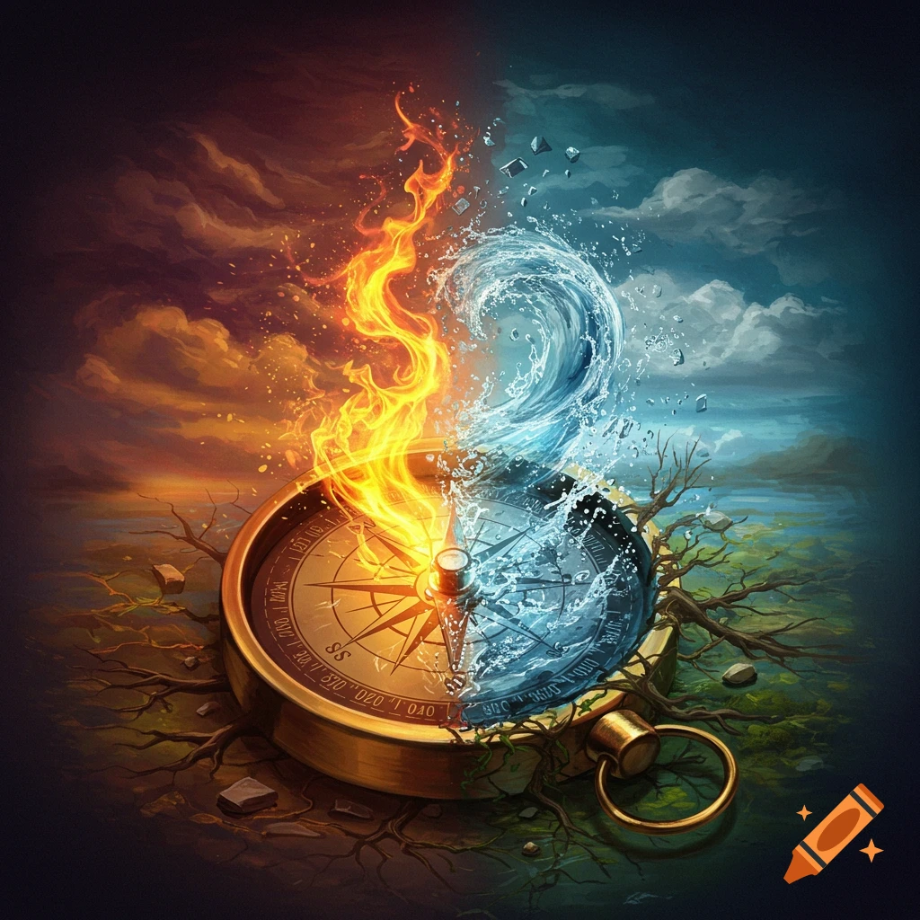 A compass surrounded by fire and water, with an elemental landscape background.