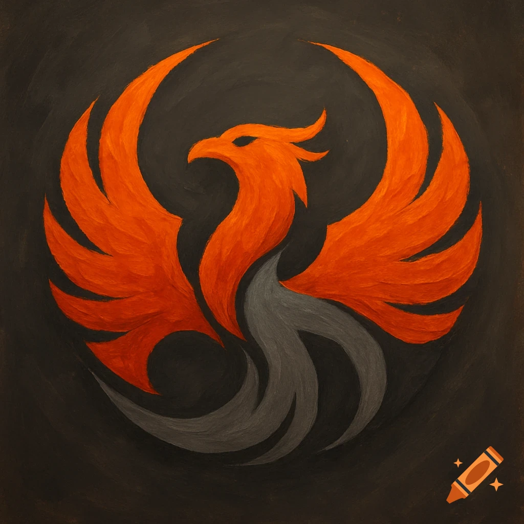 Stylized phoenix logo in orange and grey against a dark background.