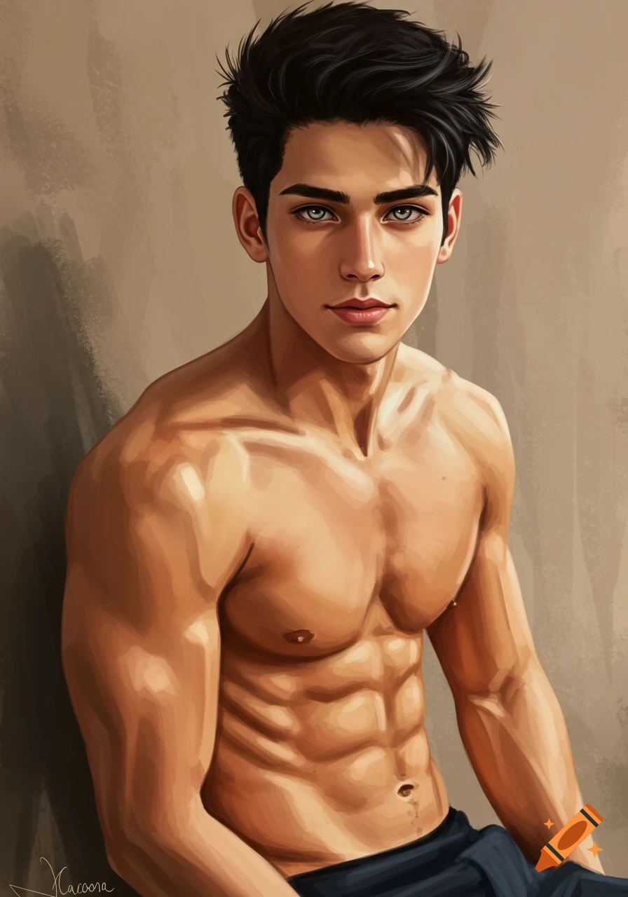 Digital painting of a muscular man with black hair and grey eyes