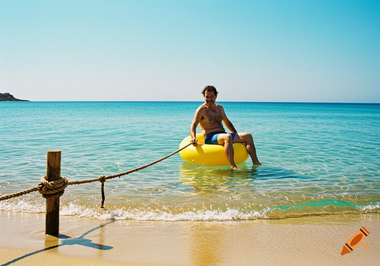 A man sits in a yellow inflatable ring in the sea, tied by a rope to a wooden post on the sand.