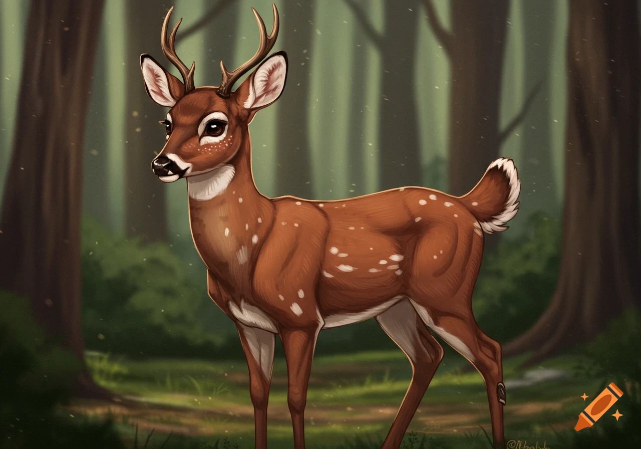A stylized illustration of a brown deer with white spots and antlers standing in a forest.