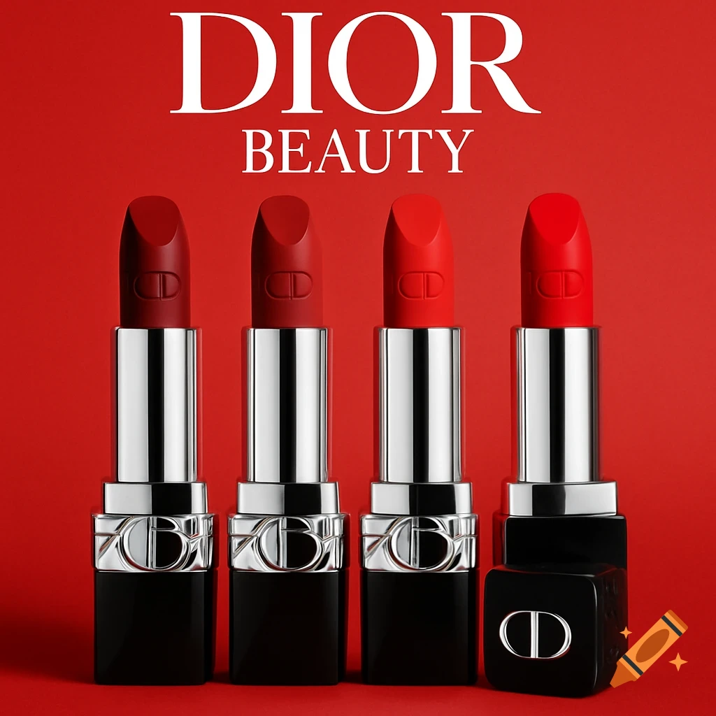 Four Dior lipsticks in red shades on a red background