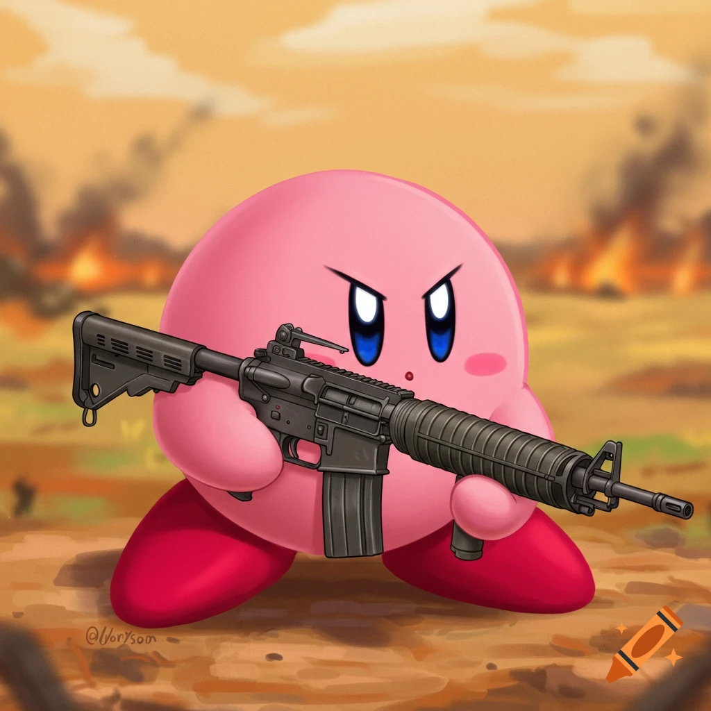 Kirby the pink puffball holds an M16 rifle in a desert battlefield with explosions behind him.
