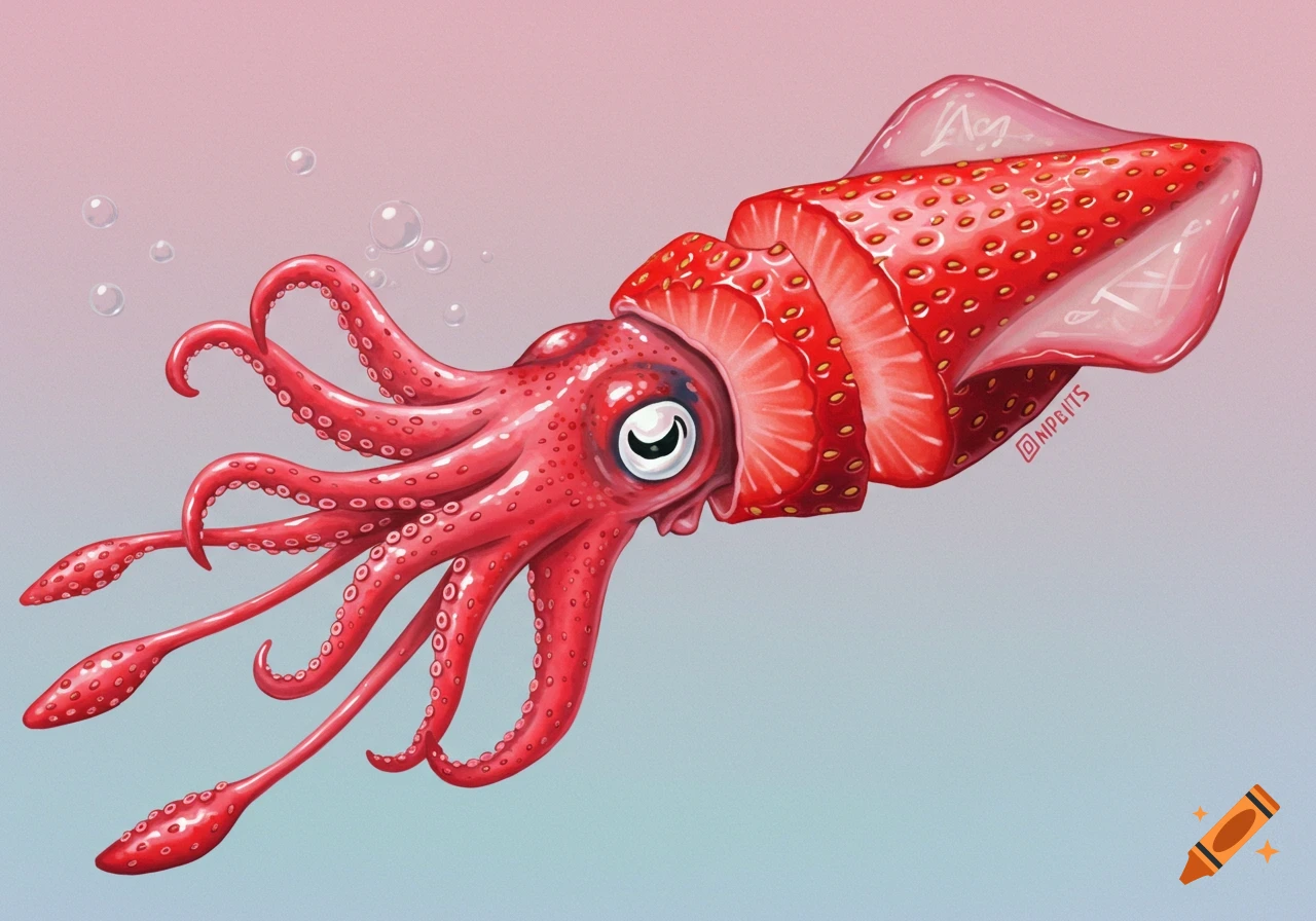 Illustration of a red squid-like creature with a body made of sliced strawberries floating in water.