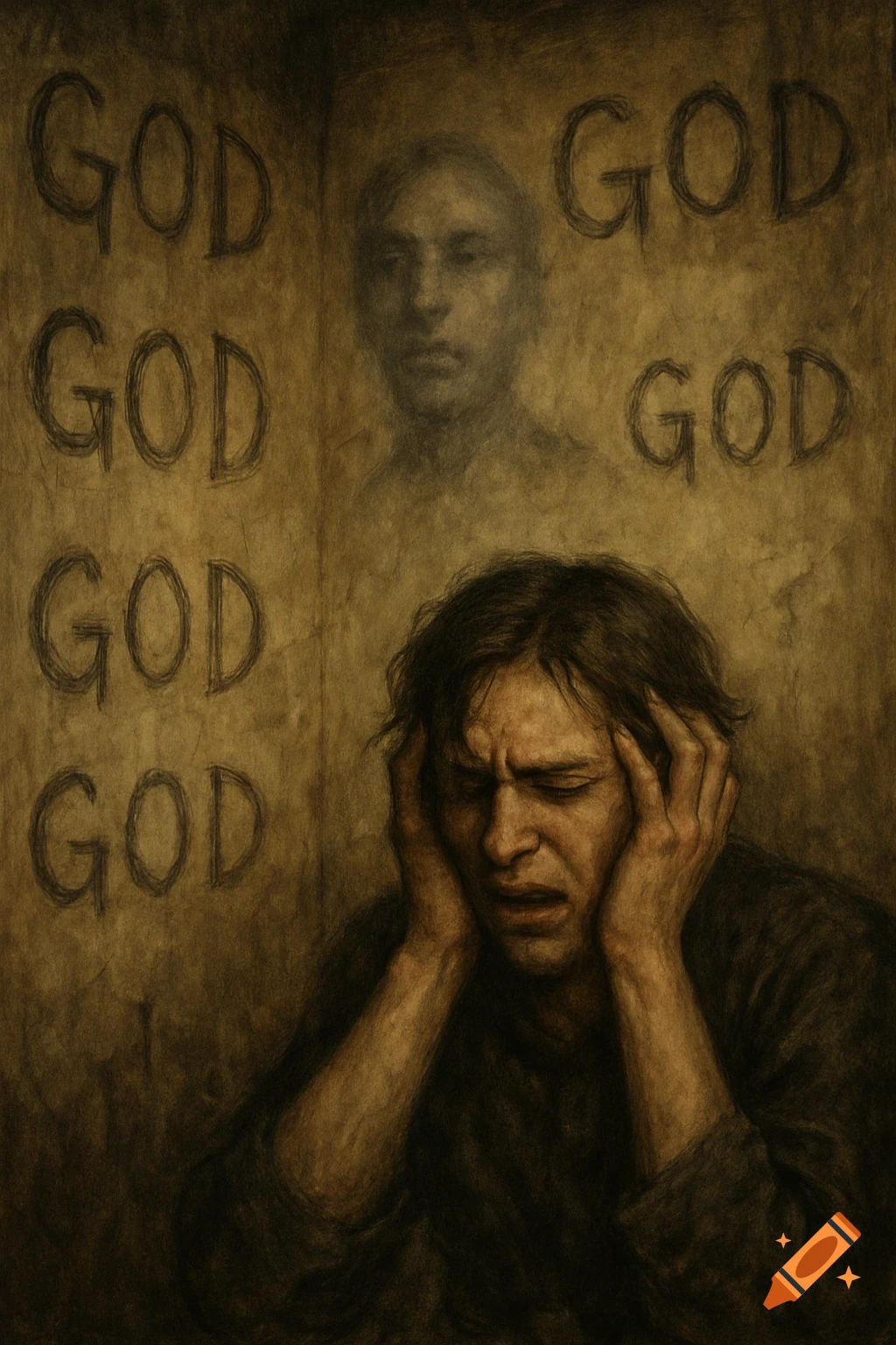 Text "GOD" covers the walls behind a person covering their ears in distress. A faint face is visible behind them in a textured drawing.