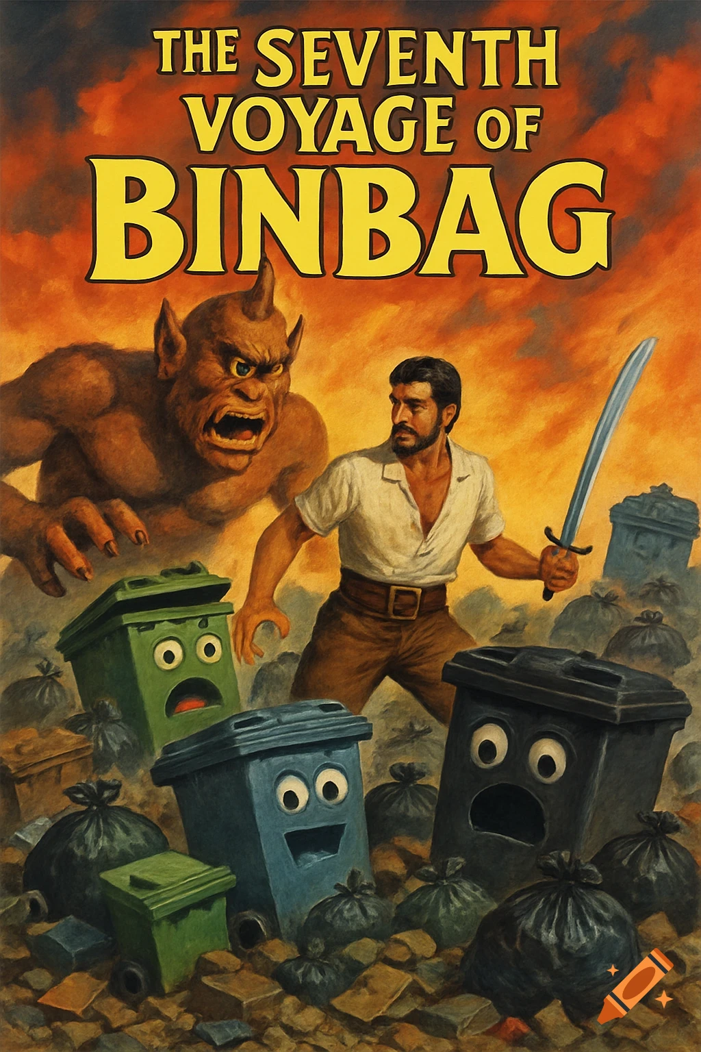 Movie poster for The Seventh Voyage of Binbag: a man with a sword faces a monster amidst anthropomorphic trash cans and garbage.