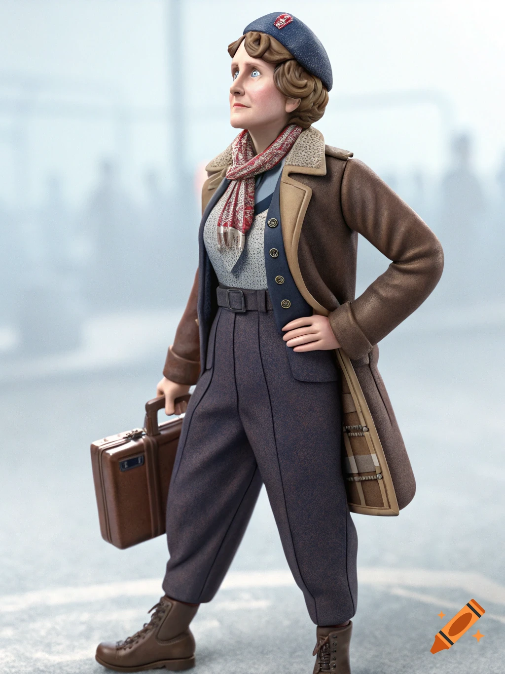 Stylized action figure of a woman in vintage coat and trousers holding a briefcase