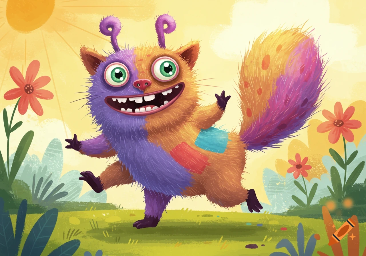 A colorful, fluffy monster with big eyes stands in a field of flowers.