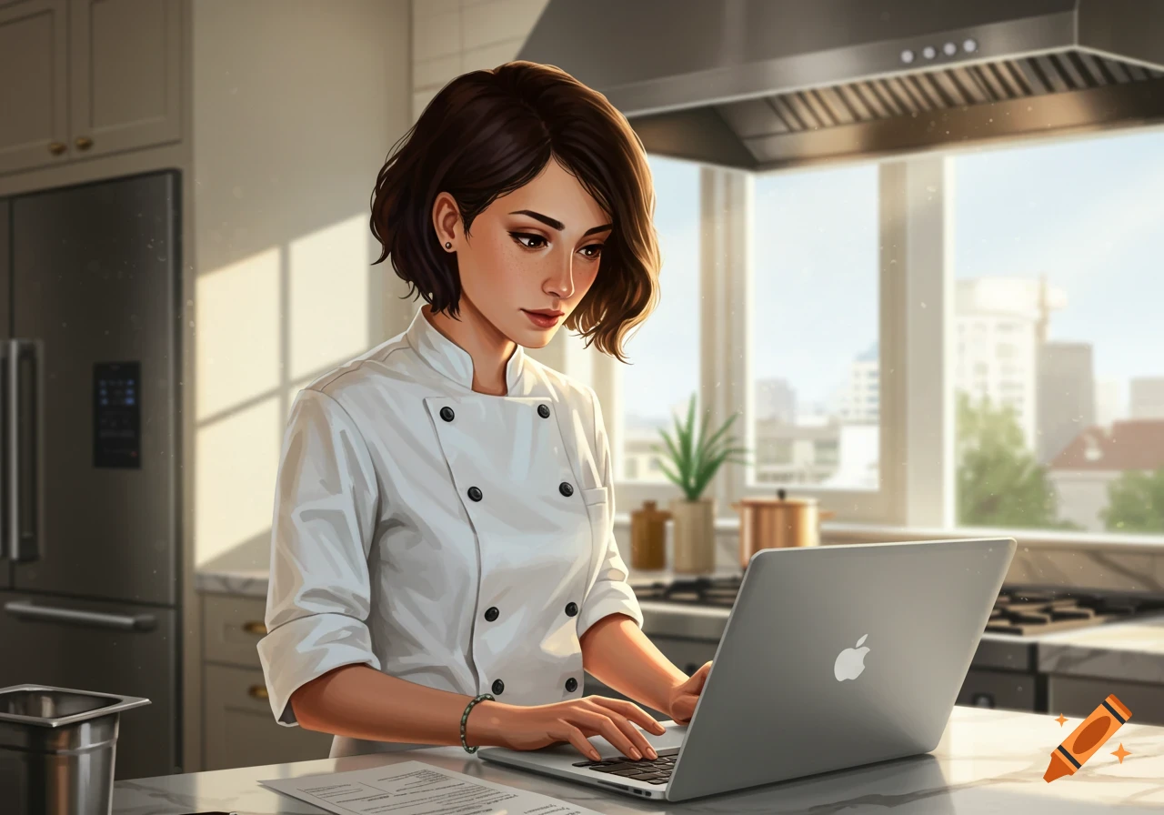 Illustration of a female chef working on a laptop in a kitchen.