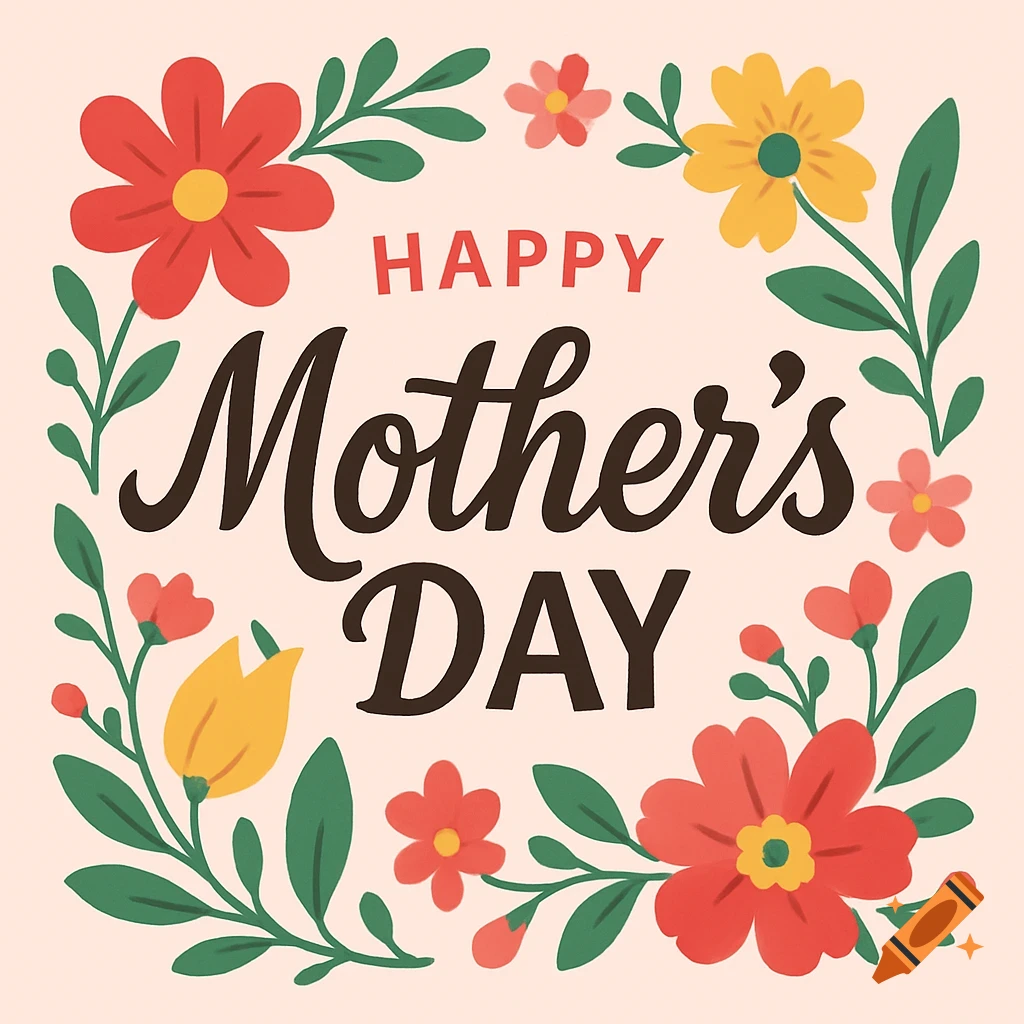 Mother's Day card illustration with floral border and 'HAPPY Mother's DAY' text.