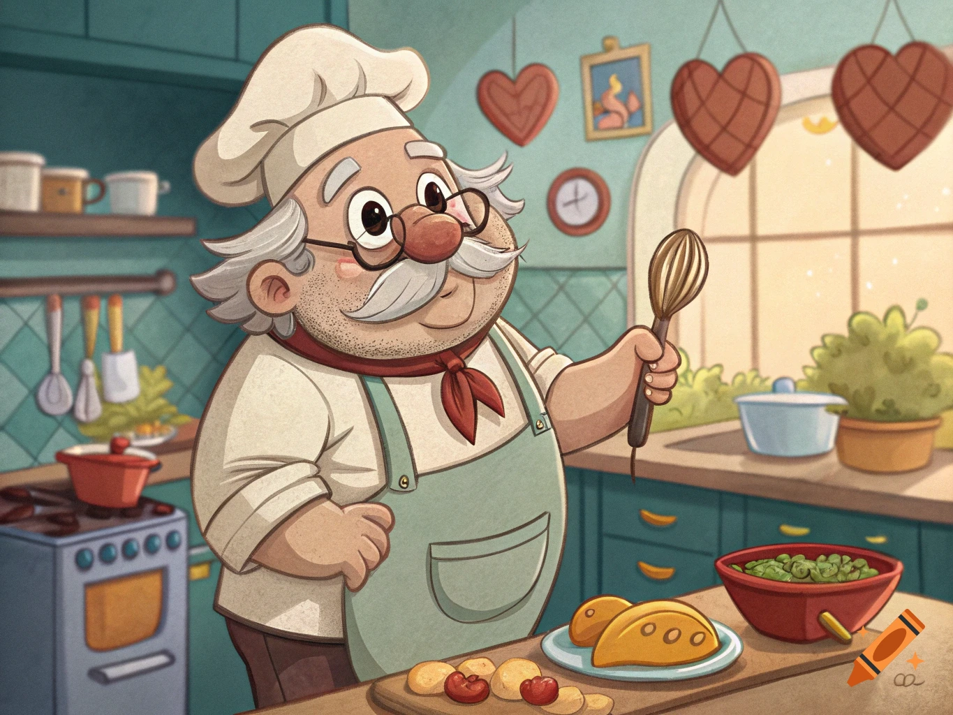 A friendly cartoon chef in a kitchen holding a whisk.